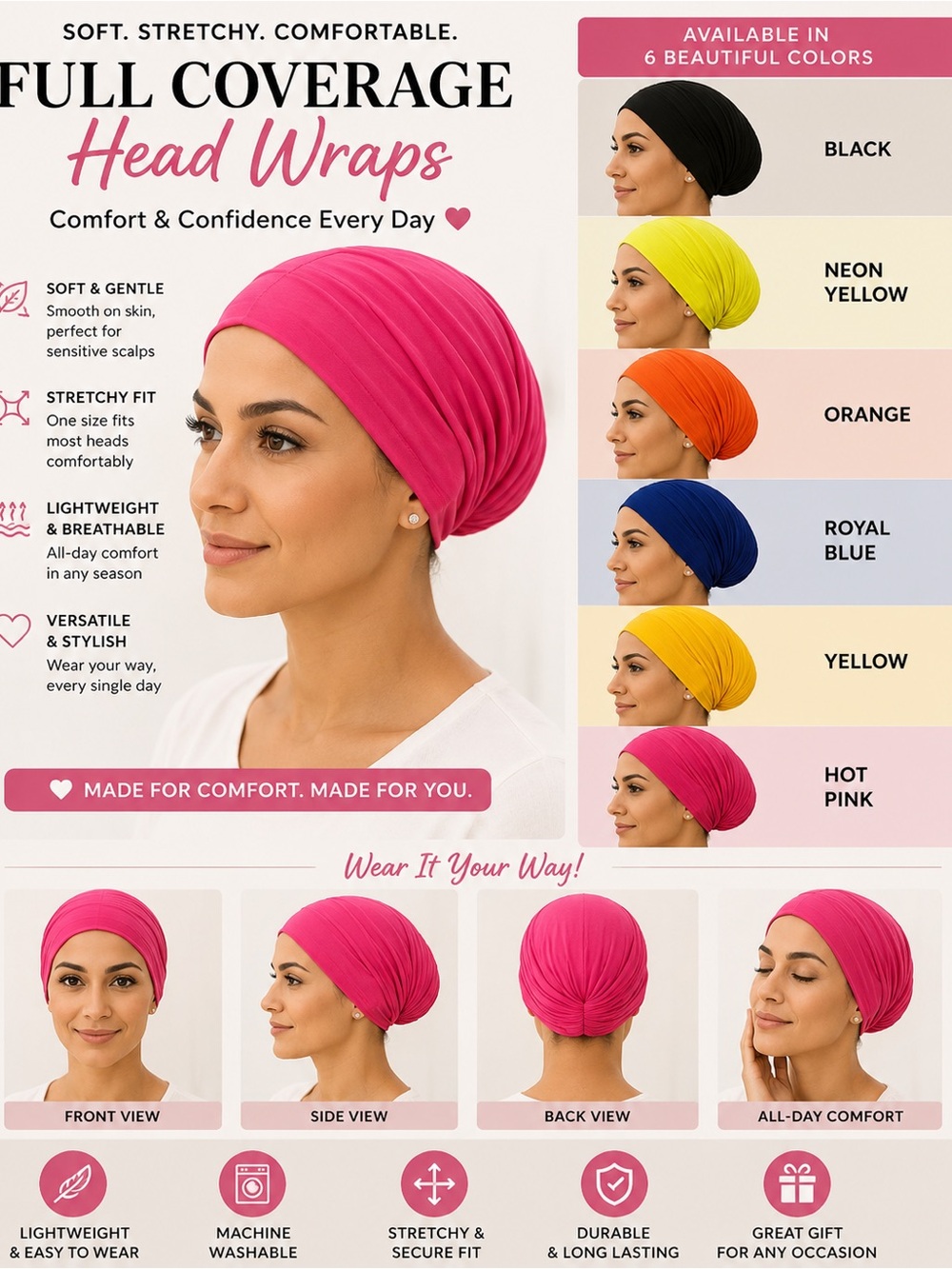 Full Coverage Various Color Head Wraps - Soft Stretchy Women’s Hair Wrap